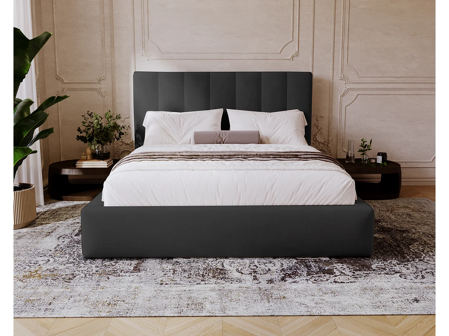 Emporius Velor łóżko dwuosobowe sypialniane 200x200 - pojemnik i stelaż, łóżko dwuosobowe 200x200 w nowoczesnym stylu - aksamit, czarny (Magic Velvet 2219)