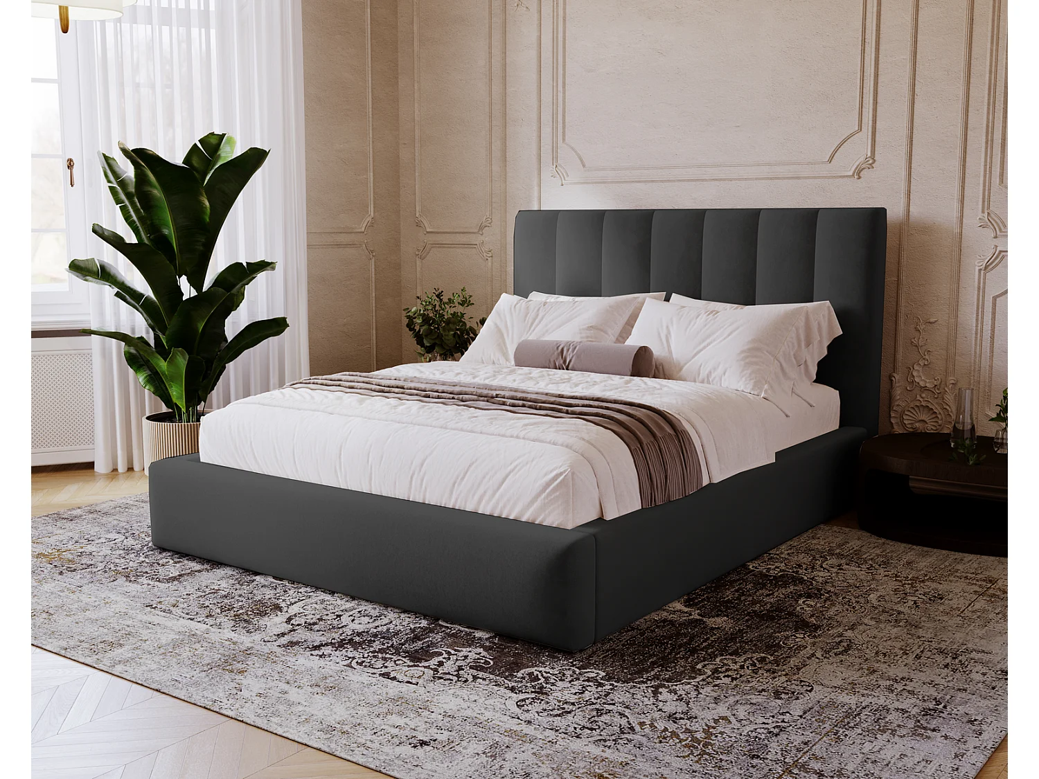 Emporius Velor lit coffre 200x200 avec rangement, lit adulte 200x200, sommier à lattes, velours Noir (Magic Velvet 2219)