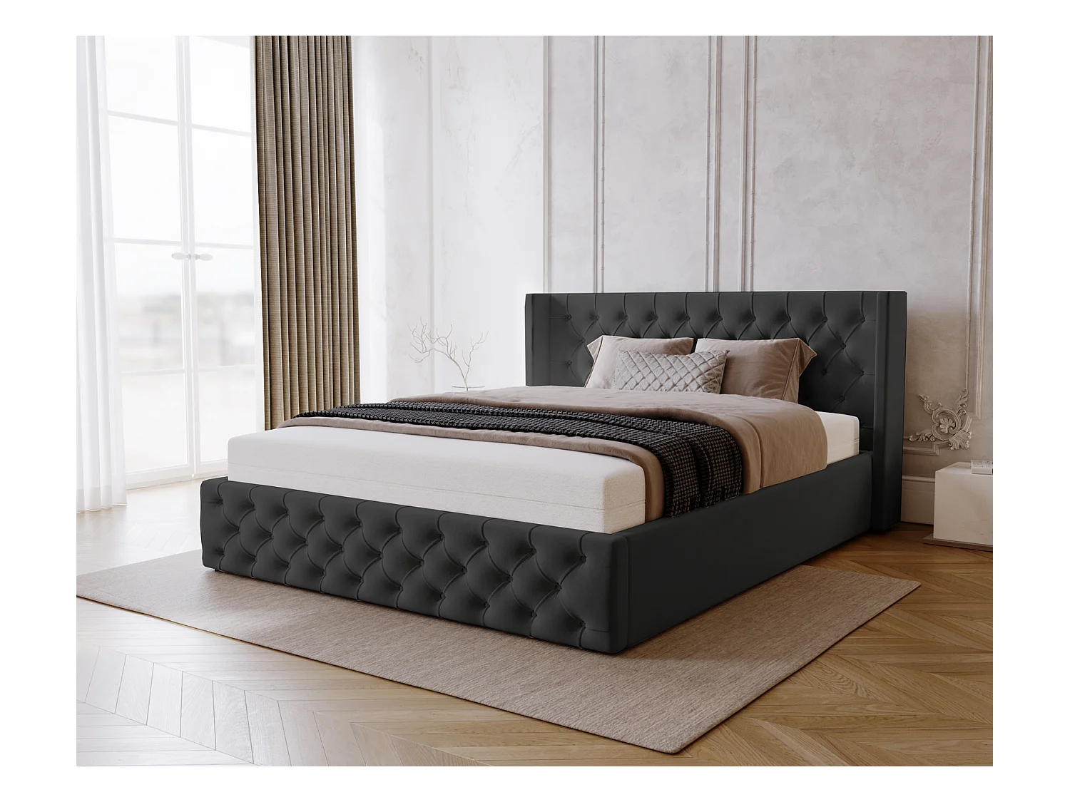 Emporius Rolia lit rembourré 180x200 lit avec rangement, sommier à lattes - lit coffre 180x200 tissu velour Noir (Magic Velvet 2219)