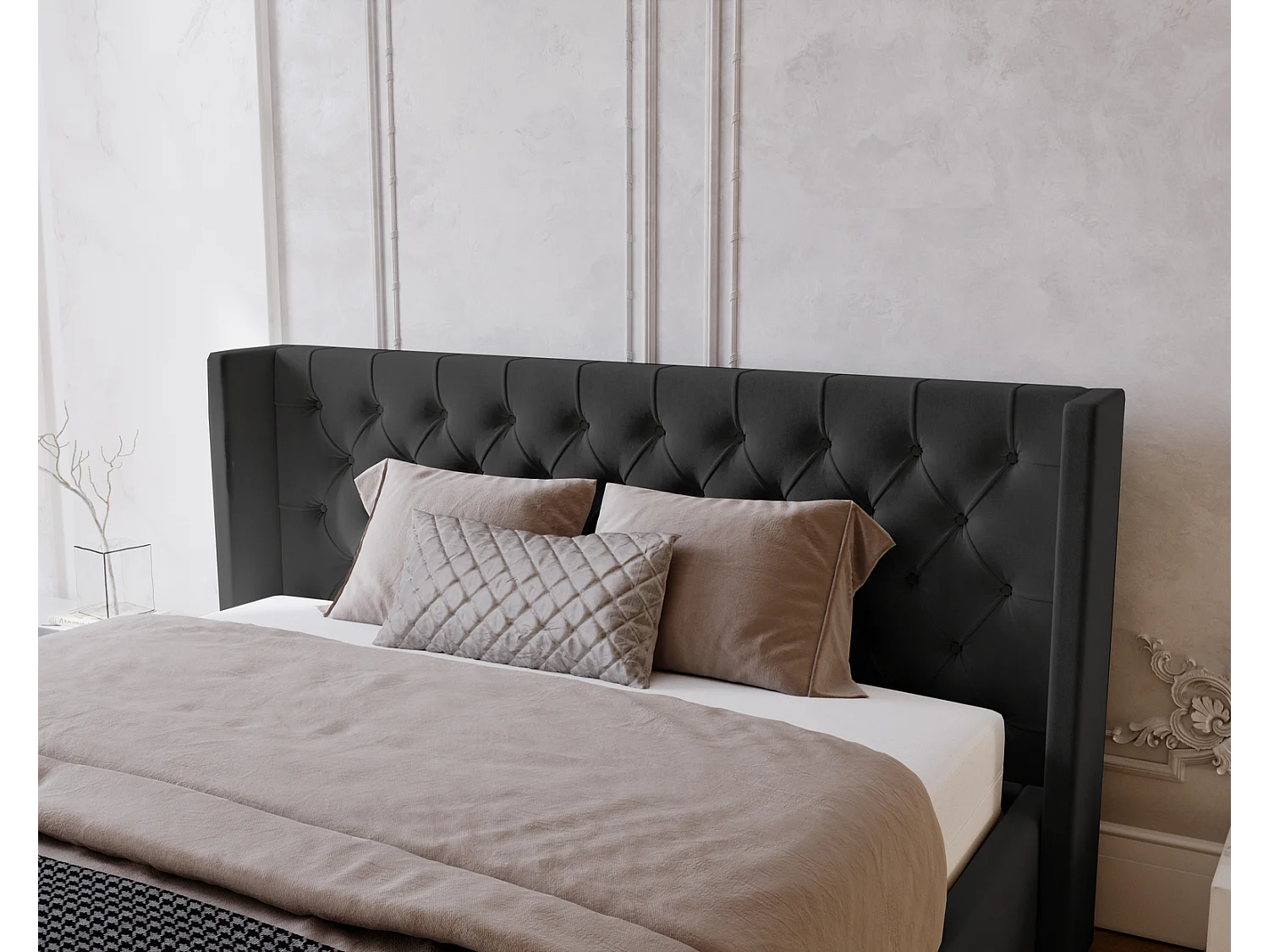 Emporius Rolia lit rembourré 180x200 lit avec rangement, sommier à lattes - lit coffre 180x200 tissu velour Noir (Magic Velvet 2219)