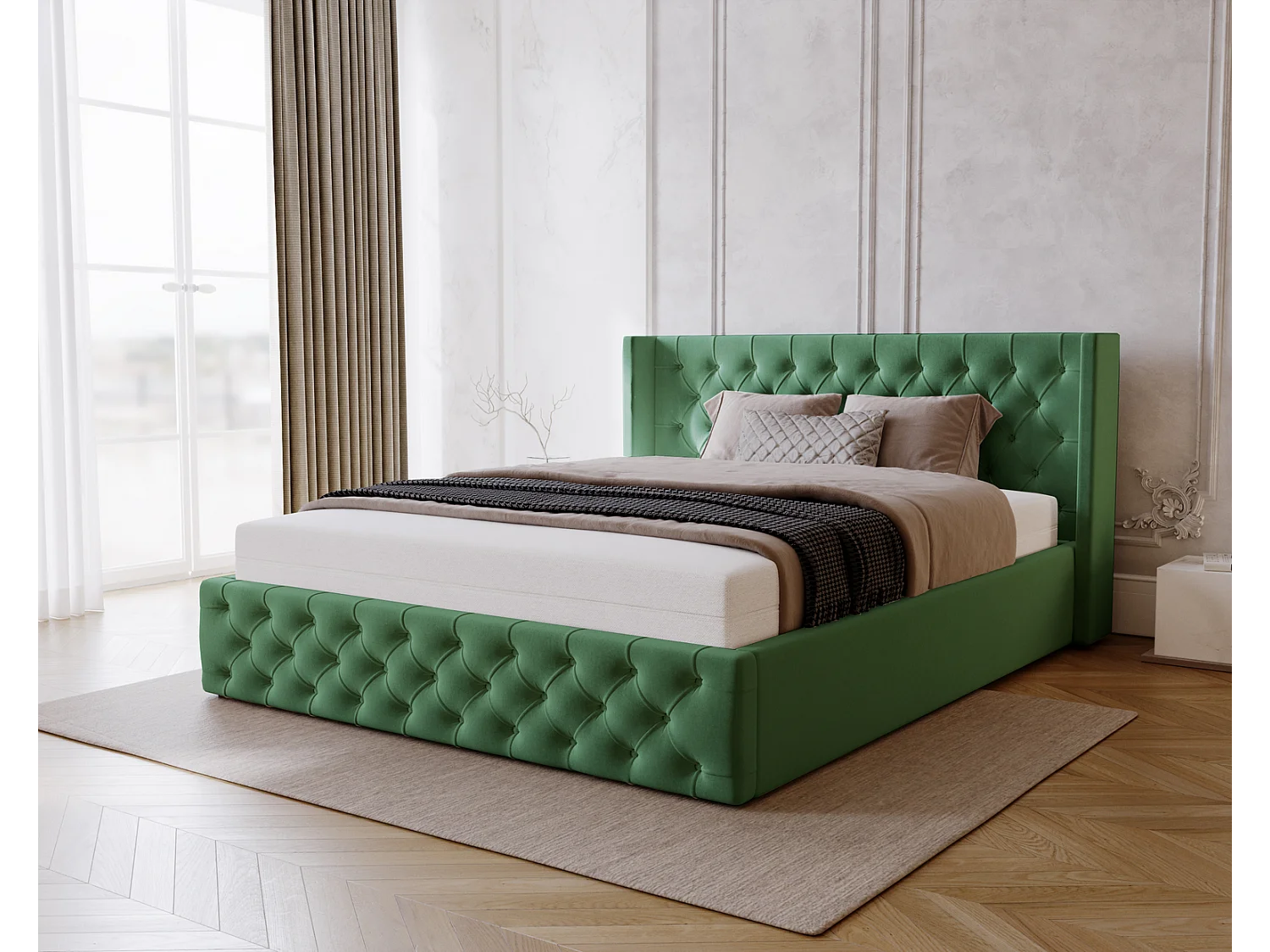 Emporius Rolia lit rembourré 200x200 lit avec rangement, sommier à lattes - lit coffre 200x200 tissu velour Vert (Magic Velvet 2225)