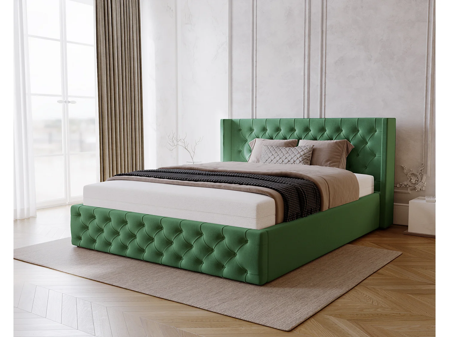 Emporius Rolia lit rembourré 200x200 lit avec rangement, sommier à lattes - lit coffre 200x200 tissu velour Vert (Magic Velvet 2225)