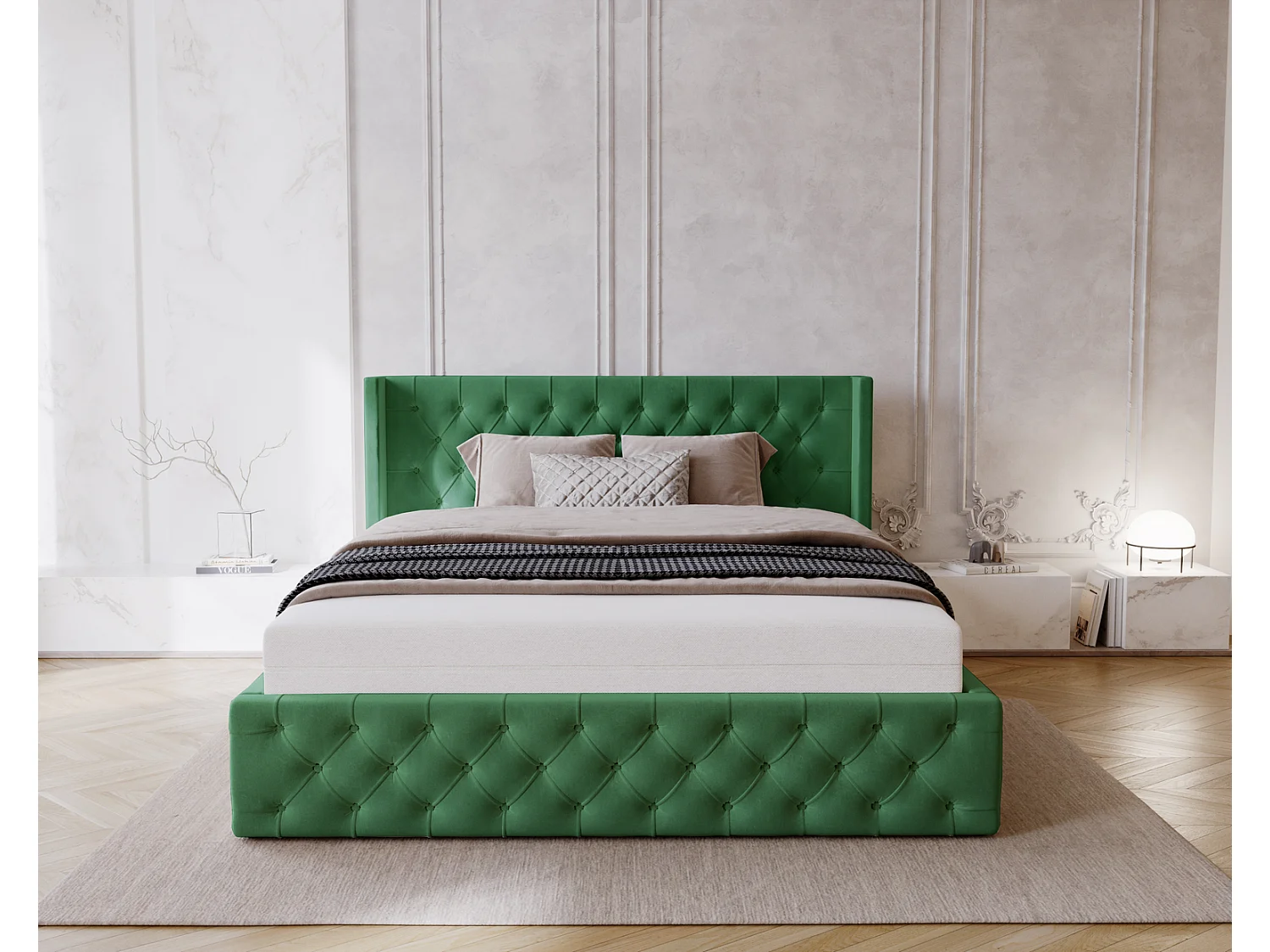 Emporius Rolia lit rembourré 200x200 lit avec rangement, sommier à lattes - lit coffre 200x200 tissu velour Vert (Magic Velvet 2225)