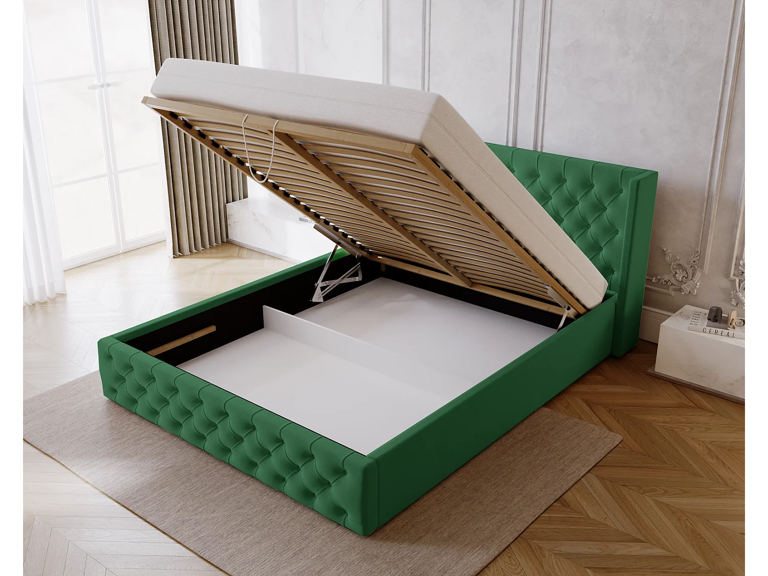 Emporius Rolia lit rembourré 200x200 lit avec rangement, sommier à lattes - lit coffre 200x200 tissu velour Vert (Magic Velvet 2225)