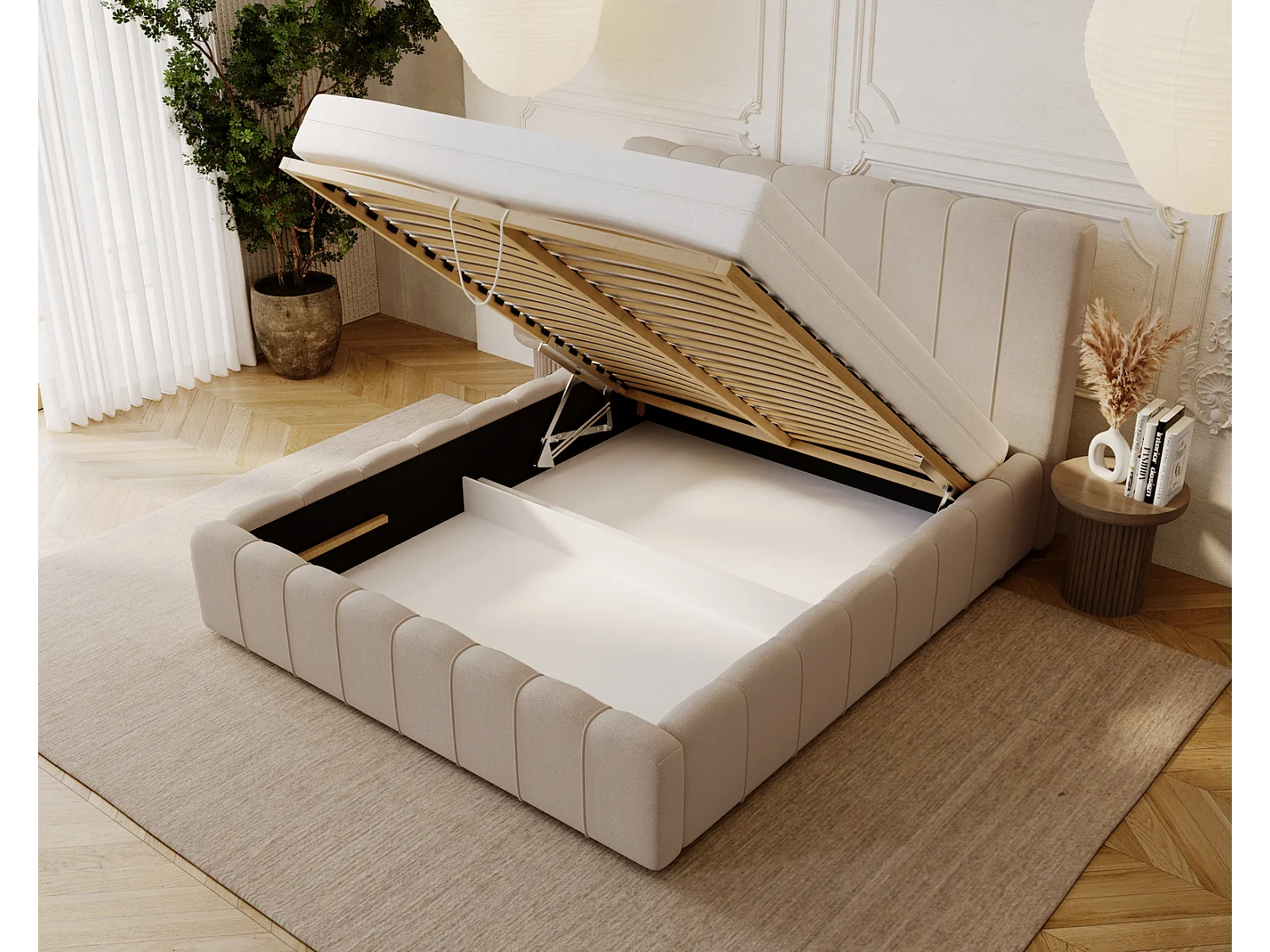 Emporius Lisbon Polsterbett mit Bettkasten, Doppelbett 140x200 Samtstoff, velvet, Bett Beige (Komodo 11)