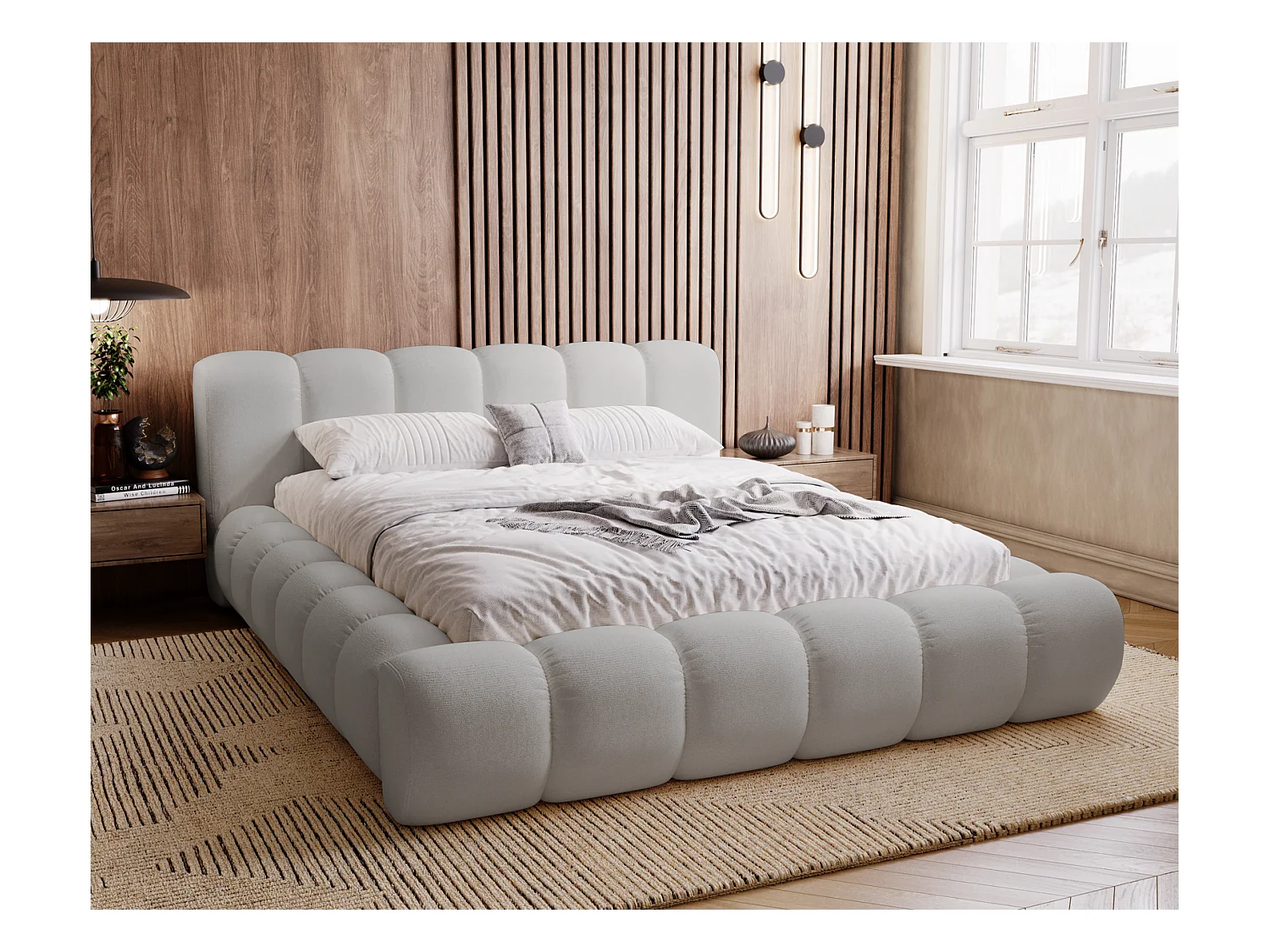 Emporius Cloud lit adulte 180x200 cm - lit capitonné, lit 180x200 avec rangement, velours Gris clair (Komodo 20)