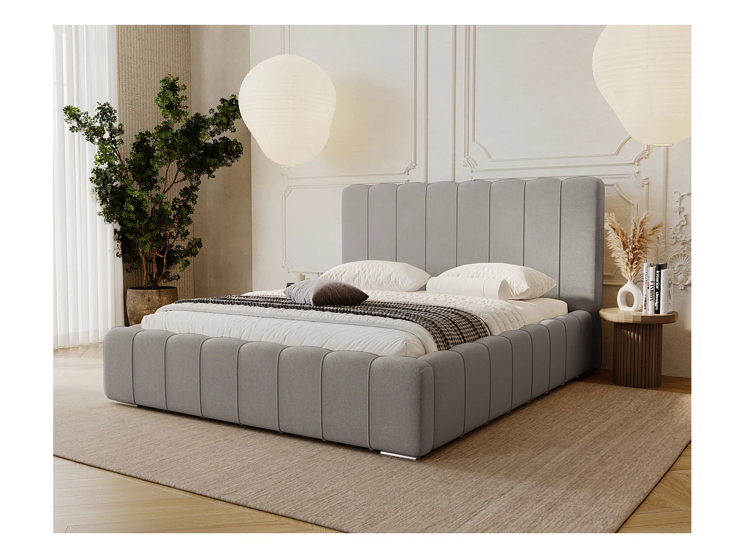 Emporius Lisbon lit avec rangement, lit adulte 200x200 sommier à lattes - lit coffre 200 x 200 - tissu velour Gris clair (Komodo 20)