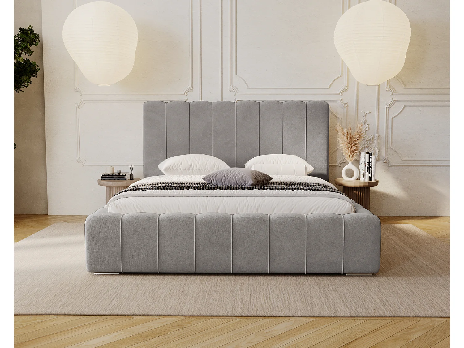 Emporius Lisbon lit avec rangement, lit adulte 200x200 sommier à lattes - lit coffre 200 x 200 - tissu velour Gris clair (Komodo 20)