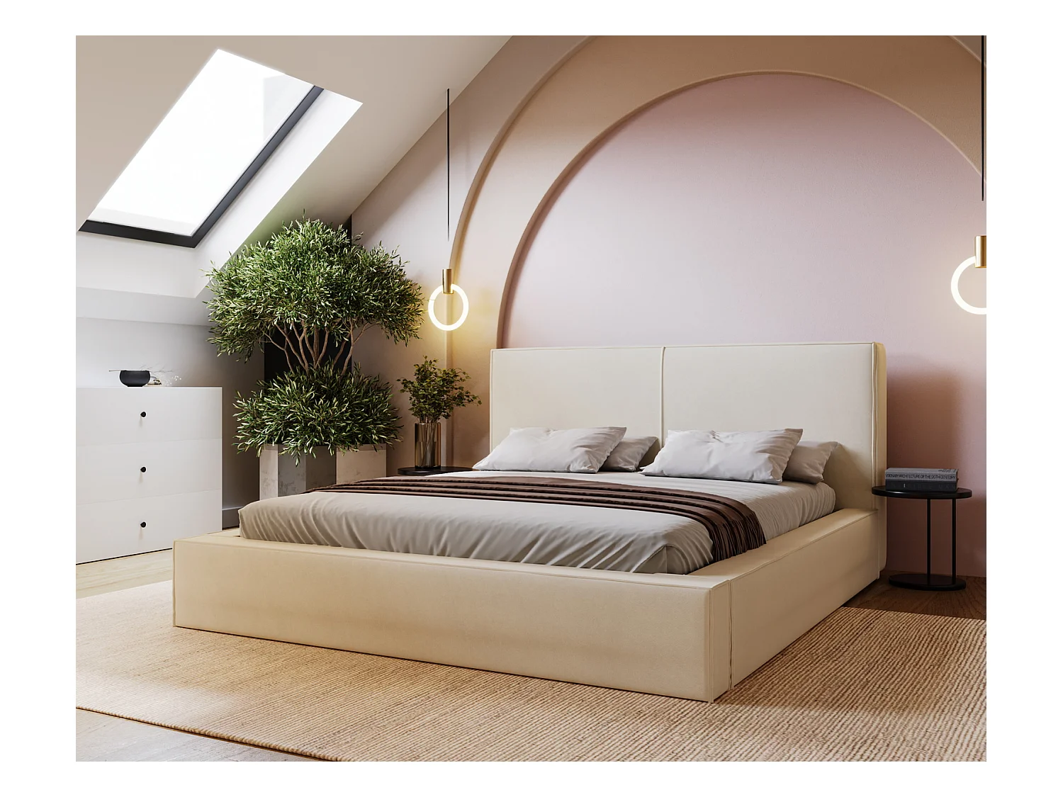 Emporius Morin lit coffre 160x200 avec sommier, tête de lit - lit adulte 160x200 Crème (Amor Velvet 4323)