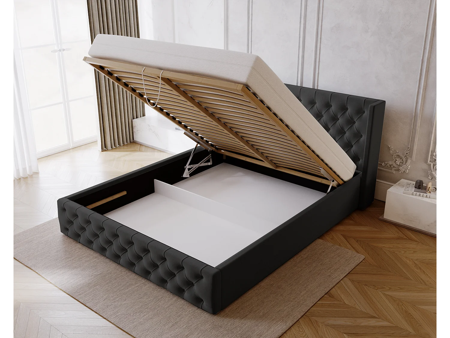 Emporius Rolia bed met opbergruimte 160x200 - tweepersoonsbed 160x200 gestoffeerd bed fluwelen Zwart (Magic Velvet 2219)