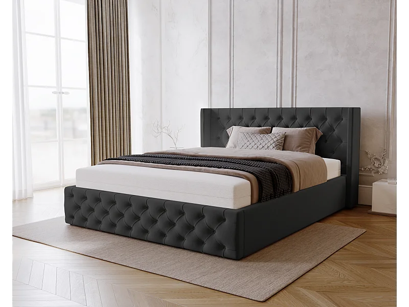 Emporius Rolia Doppelbett 160x200 - Polsterbett mit Bettkasten, Lattenrost - Samtstoff, velvet Schwarz (Magic Velvet 2219)