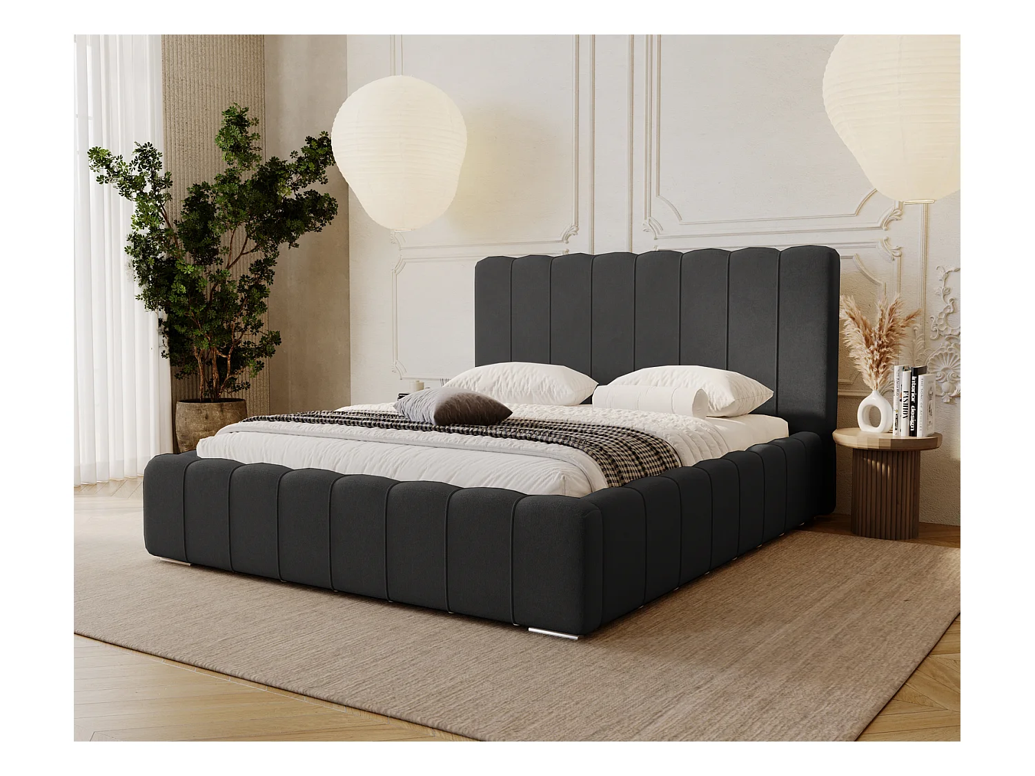 Emporius Lisbon lit avec rangement, lit adulte 200x200 sommier à lattes - lit coffre 200 x 200 - tissu velour Noir (Komodo 23)