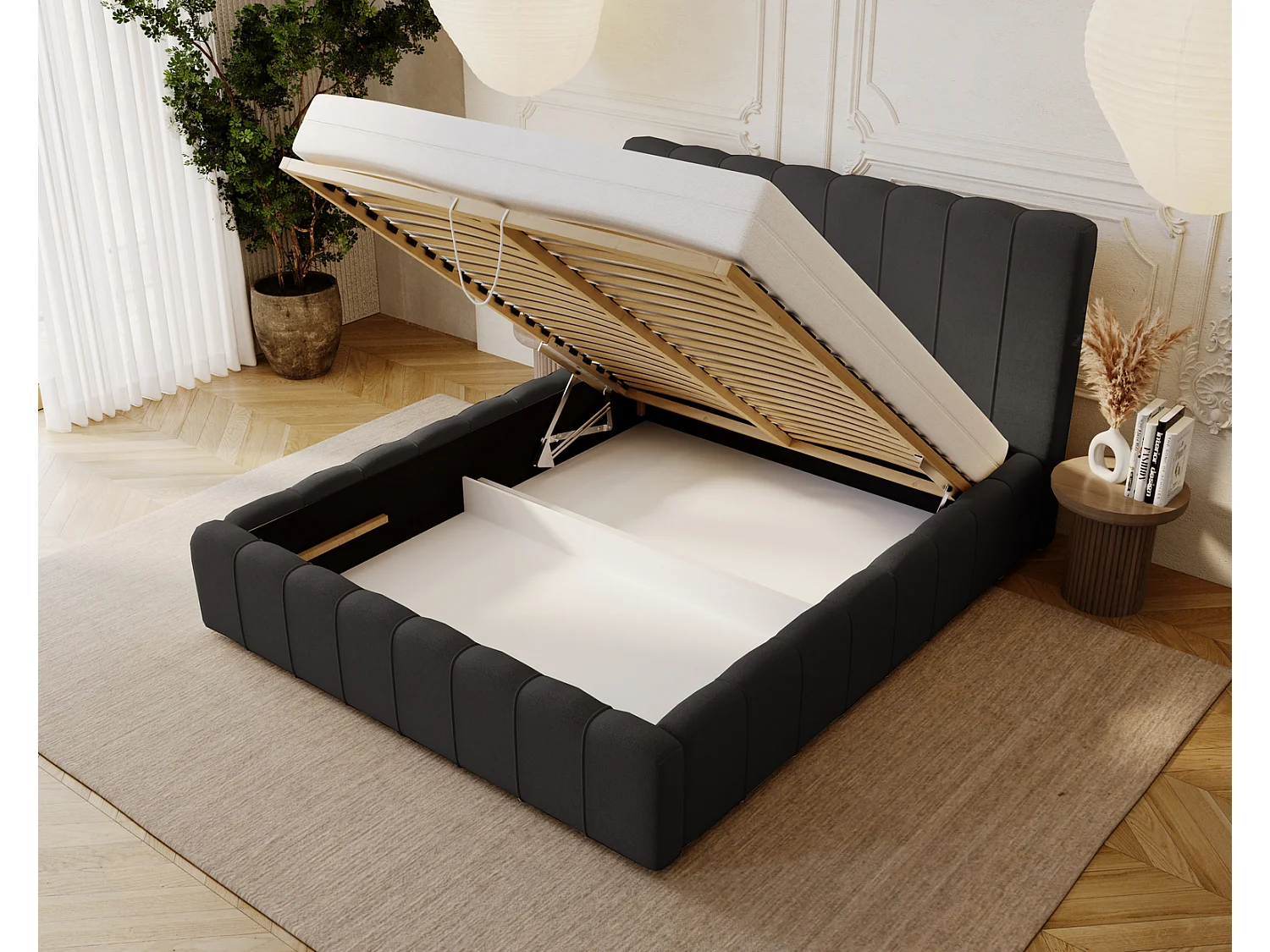 Emporius Lisbon lit avec rangement, lit adulte 200x200 sommier à lattes - lit coffre 200 x 200 - tissu velour Noir (Komodo 23)