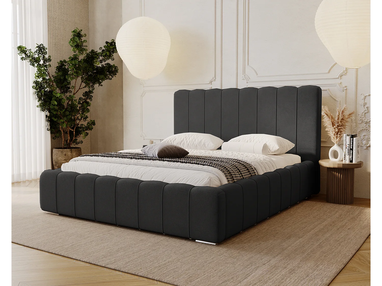 Emporius Lisbon gestoffeerd bed 200x200 met opbergruimte - bed 200x200, tweepersoonsbed fluwelen Zwart (Komodo 23)