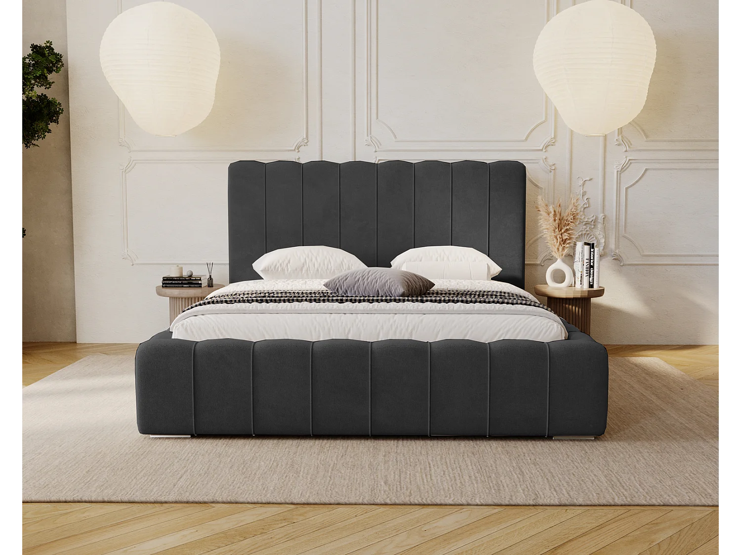 Emporius Lisbon gestoffeerd bed 200x200 met opbergruimte - bed 200x200, tweepersoonsbed fluwelen Zwart (Komodo 23)