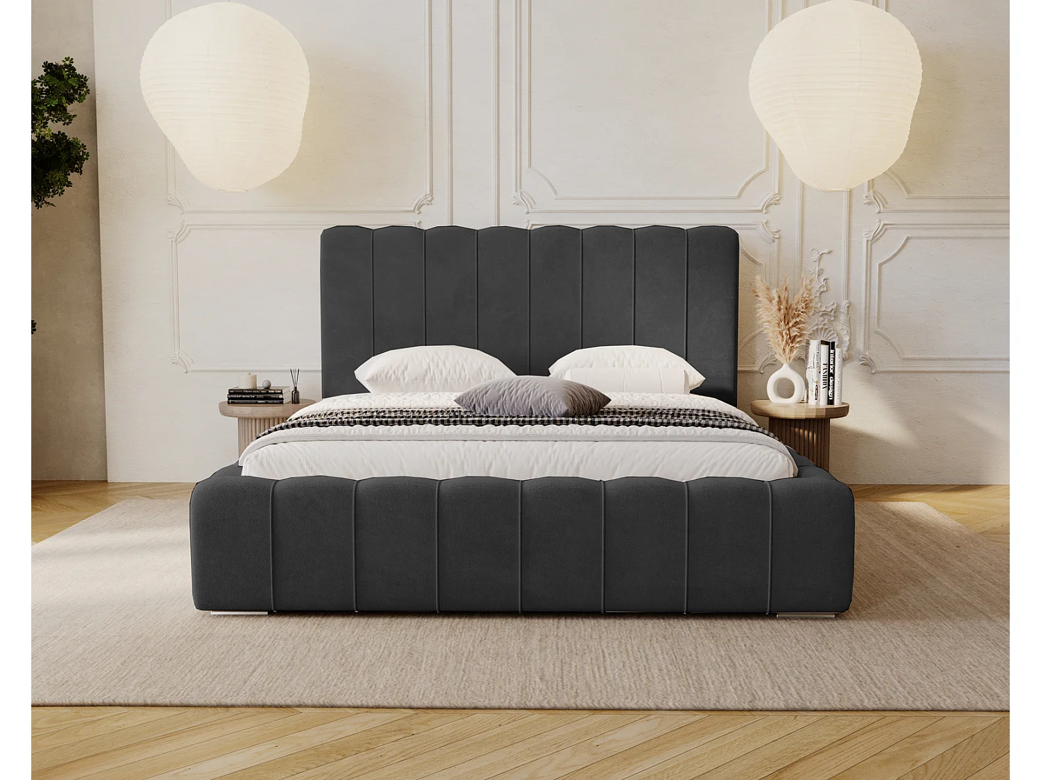 Emporius Lisbon lit avec rangement, lit adulte 140x200 sommier à lattes - lit coffre 140 x 200 - tissu velour Noir (Komodo 23)