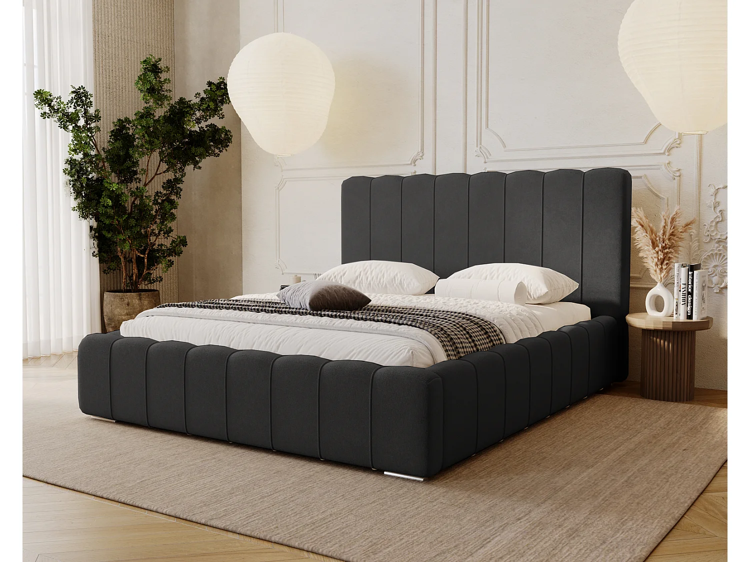 Emporius Lisbon gestoffeerd bed 140x200 met opbergruimte - bed 140x200, tweepersoonsbed fluwelen Zwart (Komodo 23)