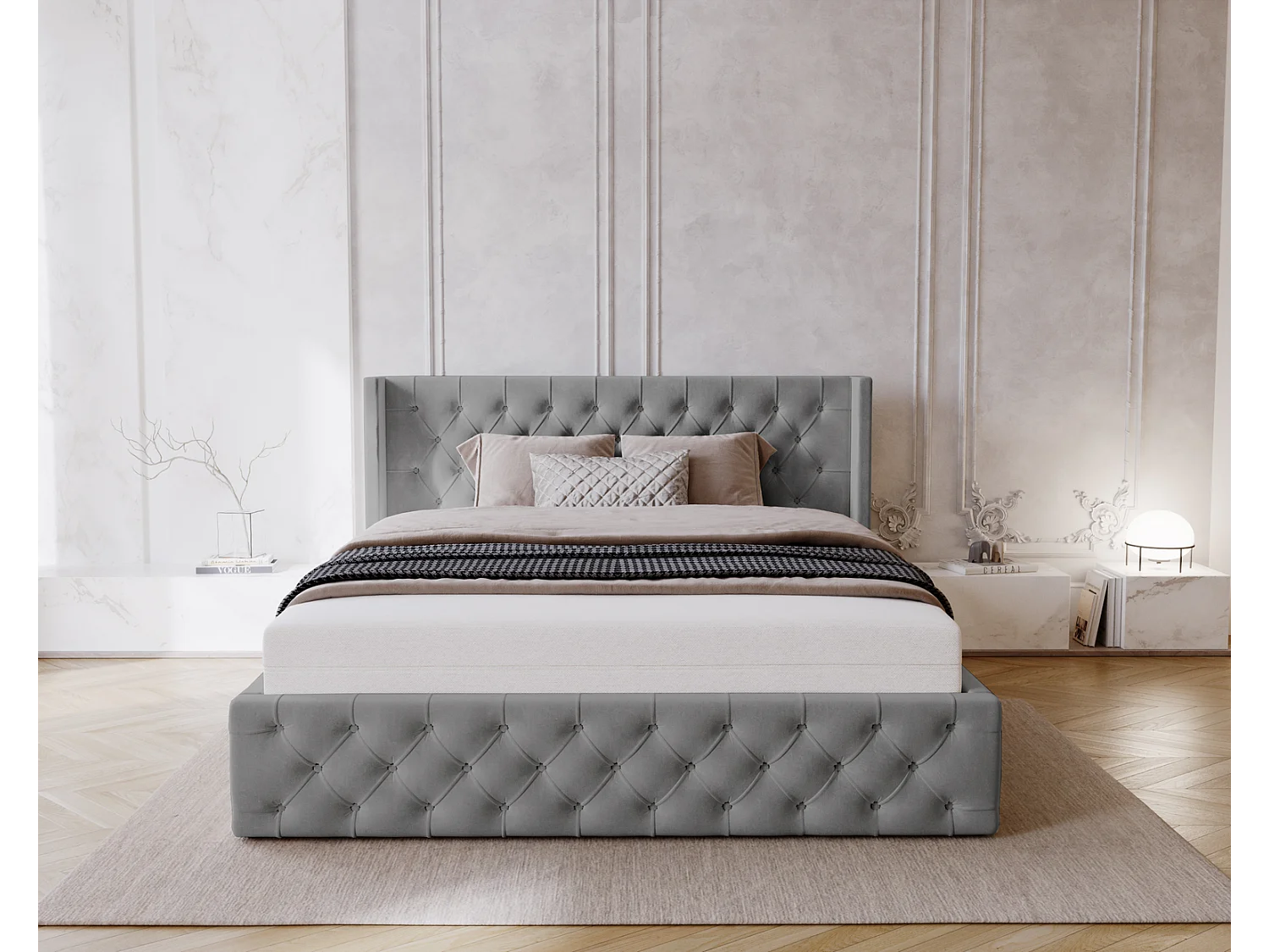 Emporius Rolia lit rembourré 140x200 lit avec rangement, sommier à lattes - lit coffre 140x200 tissu velour Gris (Magic Velvet 2217)