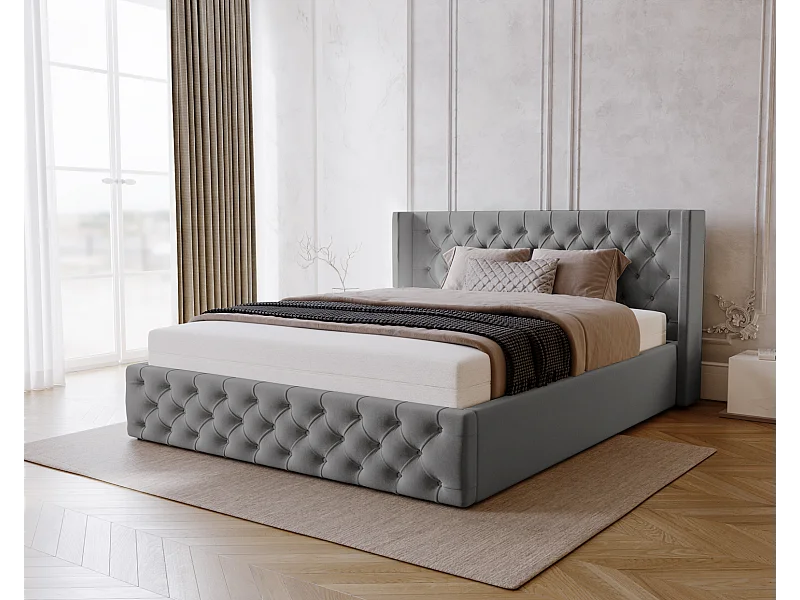 Emporius Rolia łóżko pikowane 140x200 - pojemnik i stelaż - łóżko dwuosobowe 140x200 w stylu glamour - aksamit, szary (Magic Velvet 2217)
