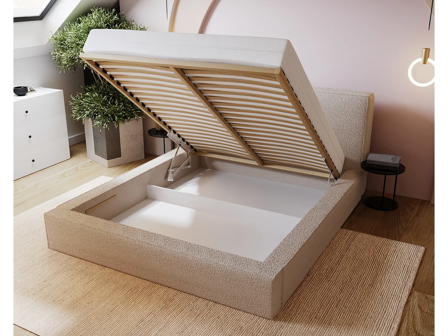 Emporius Morin Doppelbett 140x200 - Polsterbett boucle, bett 140x200 mit Bettkasten - Dunkelgrau (Anthology 18)