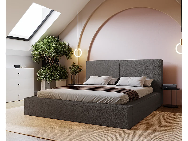 Emporius Morin lit double 140x200 avec rangement, sommier à lattes, tête de lit - lit bouclé 140x200 Gris foncé (Anthology 18)