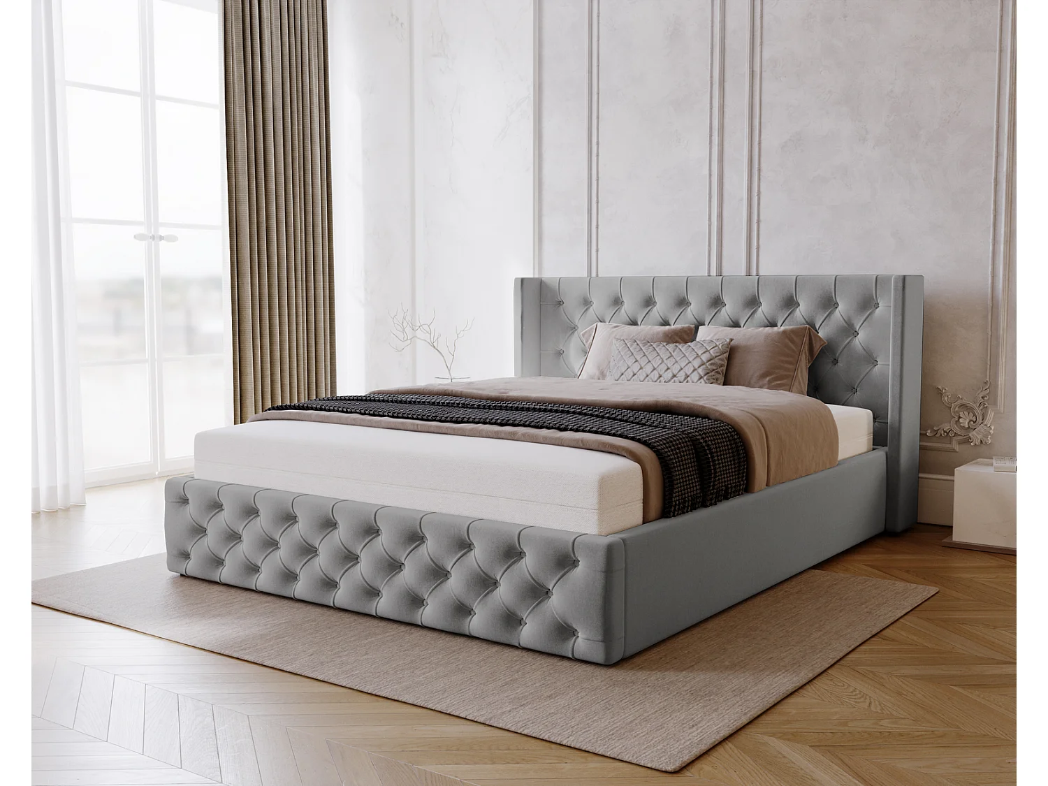 Emporius Rolia lit rembourré 140x200 lit avec rangement, sommier à lattes - lit coffre 140x200 tissu velour Gris clair (Magic Velvet 2218)