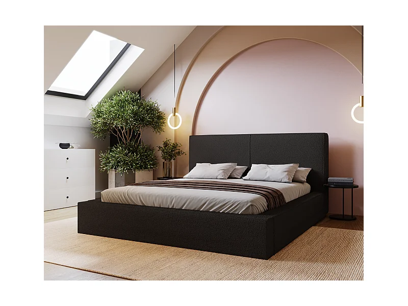 Emporius Morin lit double 160x200 avec rangement, sommier à lattes, tête de lit - lit bouclé 160x200 Noir (Anthology 19)