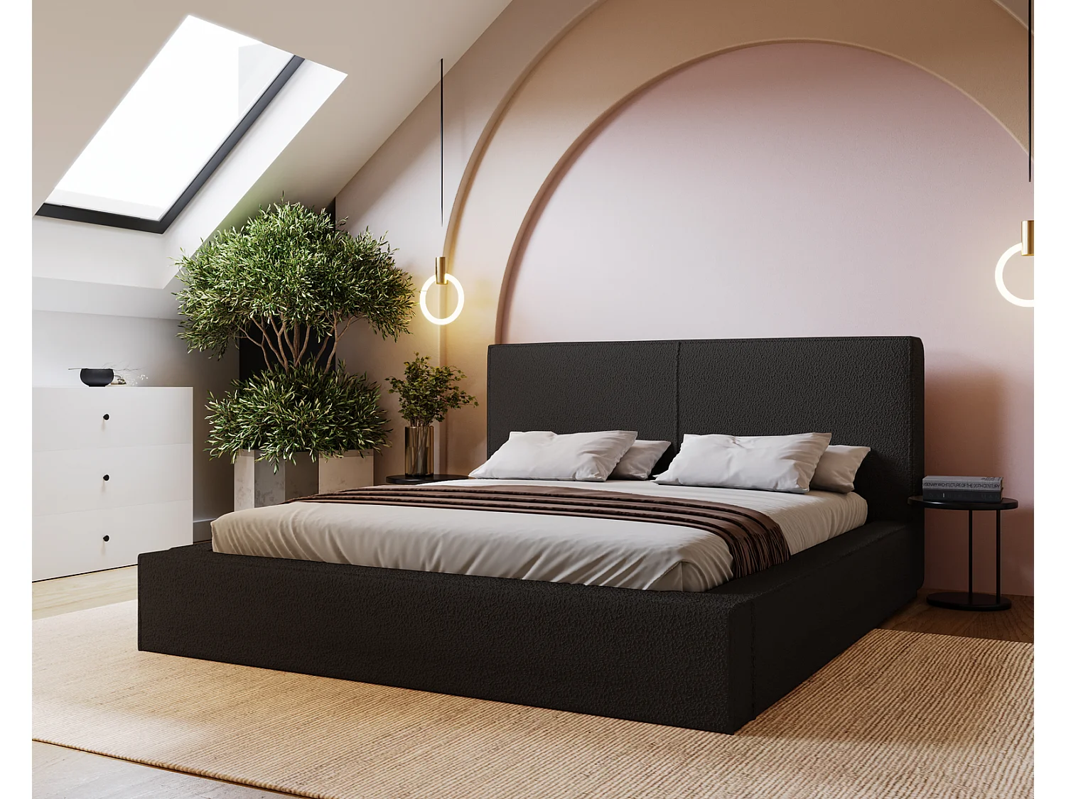 Emporius Morin Doppelbett 160x200 - Polsterbett boucle, bett 160x200 mit Bettkasten - Schwarz (Anthology 19)