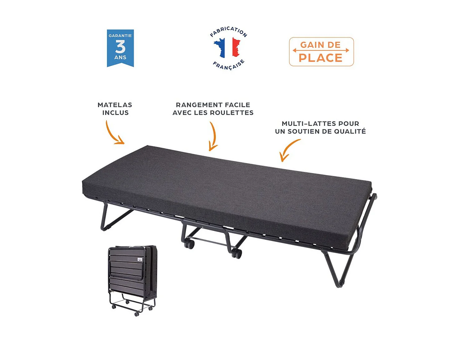 Lit pliant spécial hôtellerie – 90x190 - 17 lattes bois - Gain de place