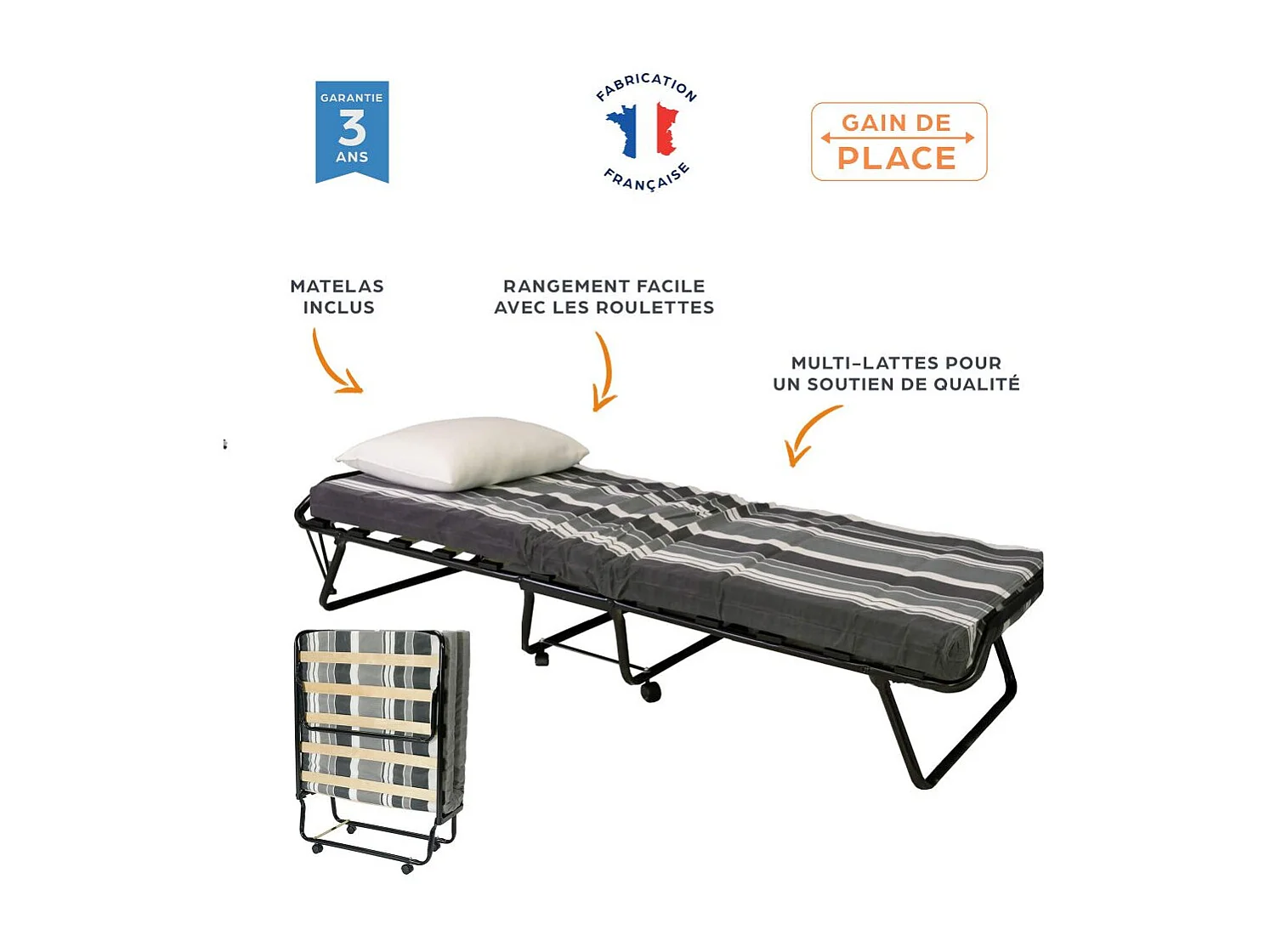 Lit pliant M8 - 80x190 - Tissu déco - Lattes bois - Gain de place