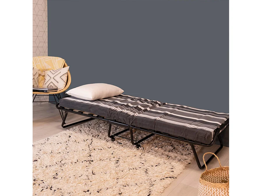 Lit pliant M8 - 80x190 - Tissu déco - Lattes bois - Gain de place