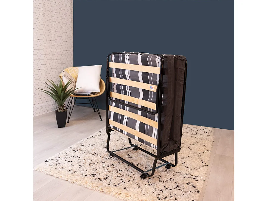 Lit pliant M8 - 80x190 - Tissu déco - Lattes bois - Gain de place