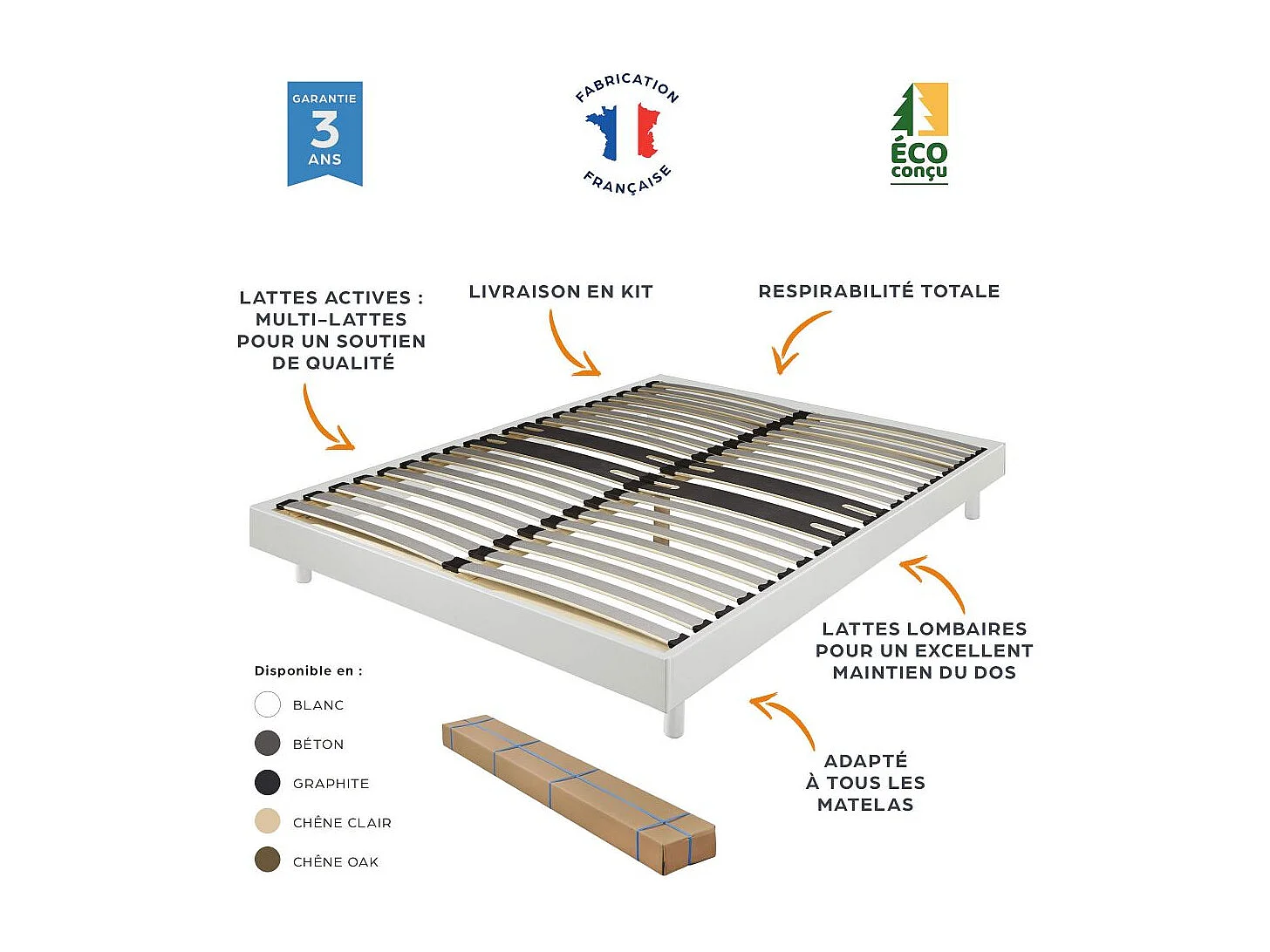 Matelas et sommier 90x190 Mousse - Decokit - Soutien medium - Sommier démonté - Béton