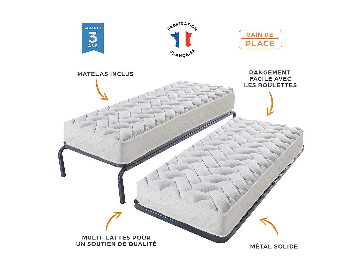 Lit gigogne métal + matelas 80x190 - 20 lattes bois - Gain de place - Made in France