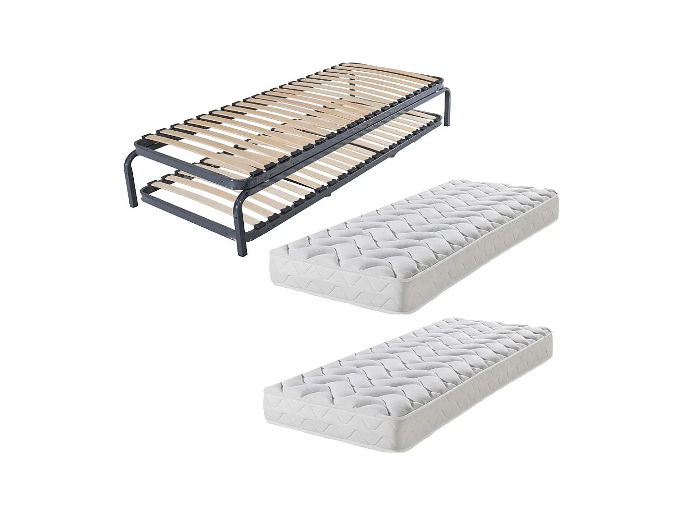 Lit gigogne métal + matelas 80x190 - 20 lattes bois - Gain de place - Made in France