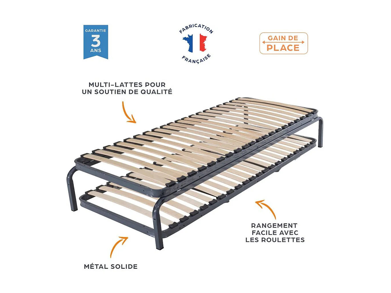 Ensemble lit gigogne métal 80x190 - 20 lattes bois - Gain de place - Made in France