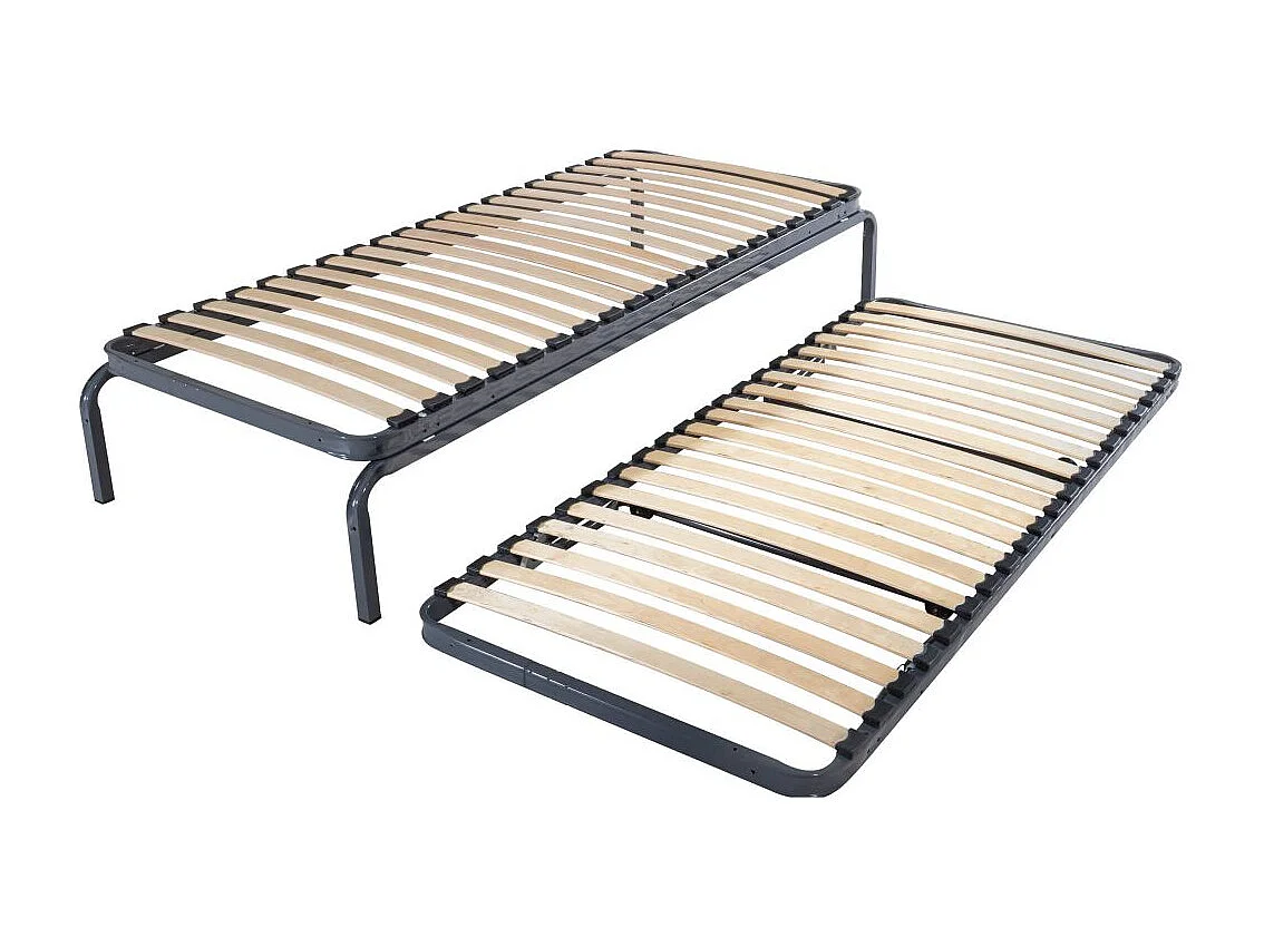 Ensemble lit gigogne métal 80x190 - 20 lattes bois - Gain de place - Made in France