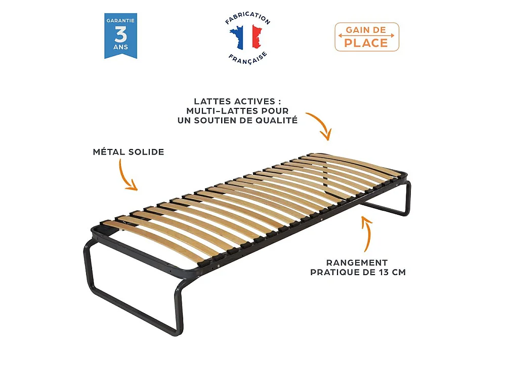 Lit en métal 80x190 - 20 lattes bois - Gain de place - Made in France