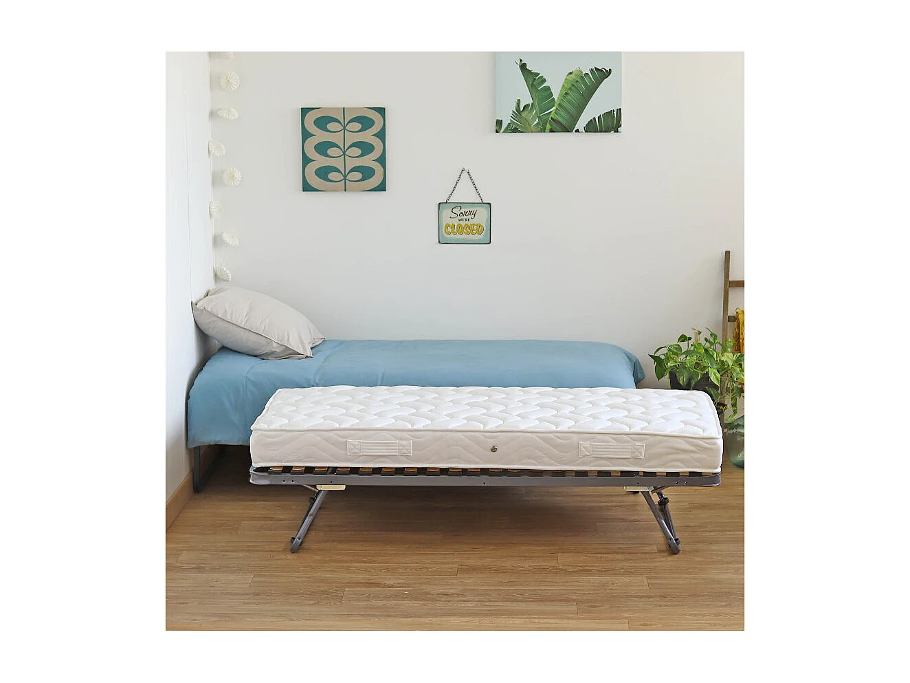Lit gigogne métal + matelas 90x190 - 20 lattes bois - Gain de place - Made in France