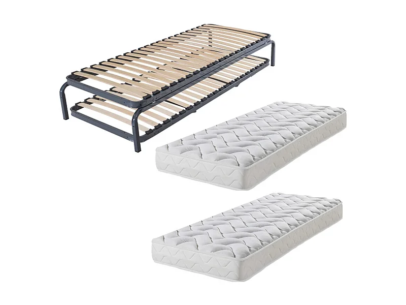 Lit gigogne métal + matelas 90x190 - 20 lattes bois - Gain de place - Made in France