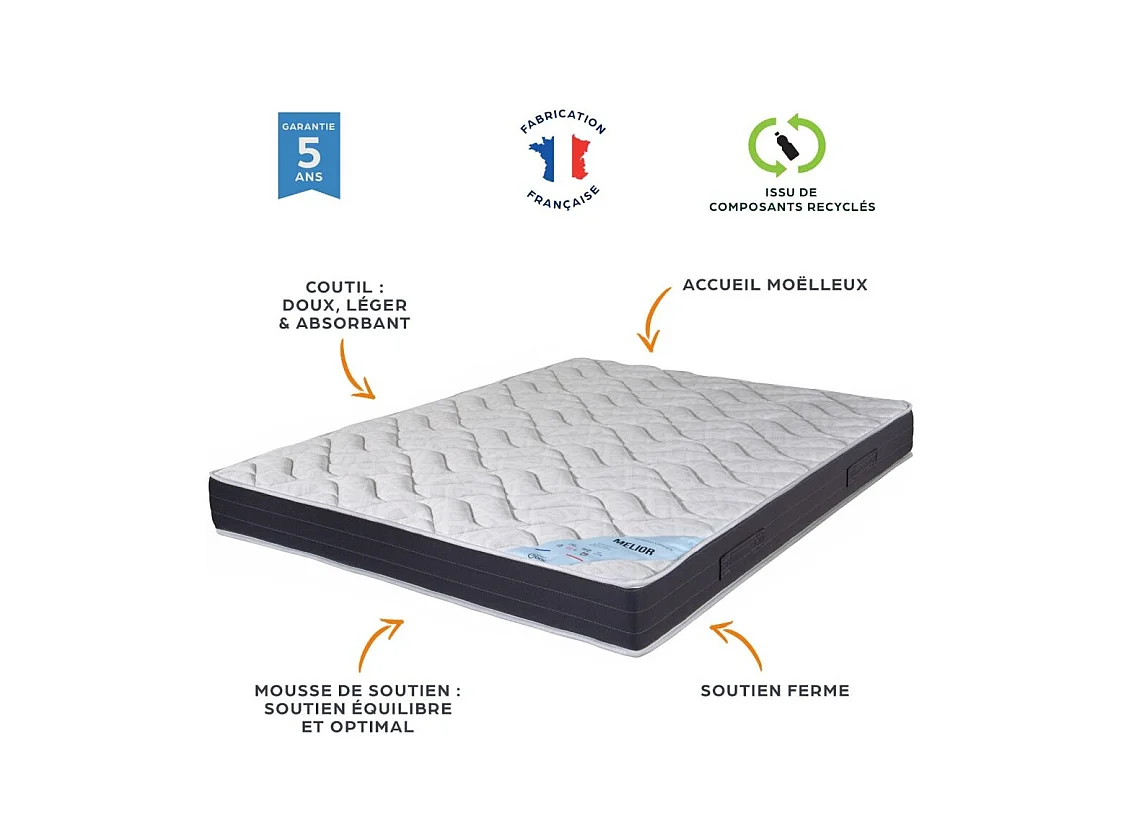 Matelas + sommier tapissier 90x190 Mousse - Melior - Soutien ferme - Simili taupe