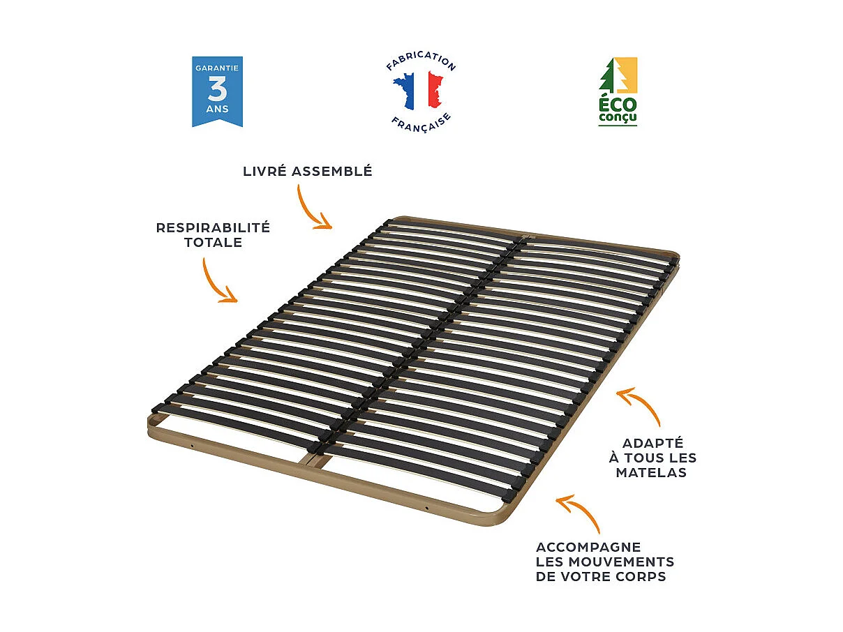 Sommier à lattes + pieds 140x190 Theta - 48 lattes bois - Fabrication française