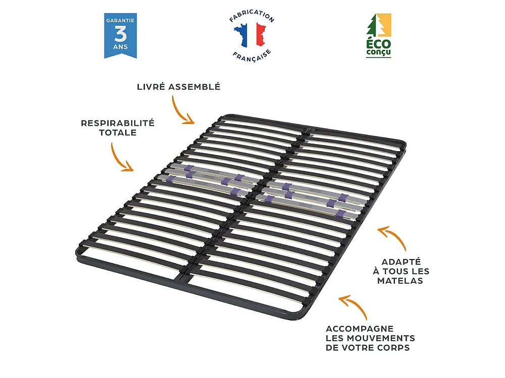 Sommier à lattes 140x190 C223 - 40 lattes bois - Fabrication française