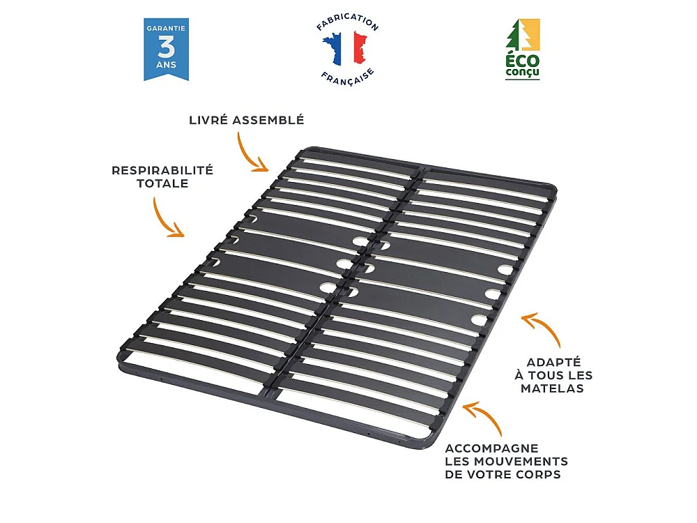 Sommier à lattes 2x80x200 C416 - 32 lattes bois - Fabrication française