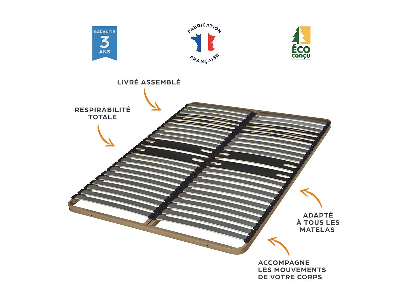 Sommier à lattes 140x200 C322 - 46 lattes bois - Fabrication française