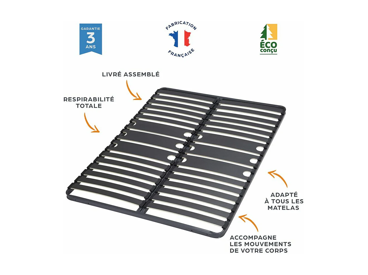 Sommier à lattes 140x190 C416 - 30 lattes bois - Fabrication française
