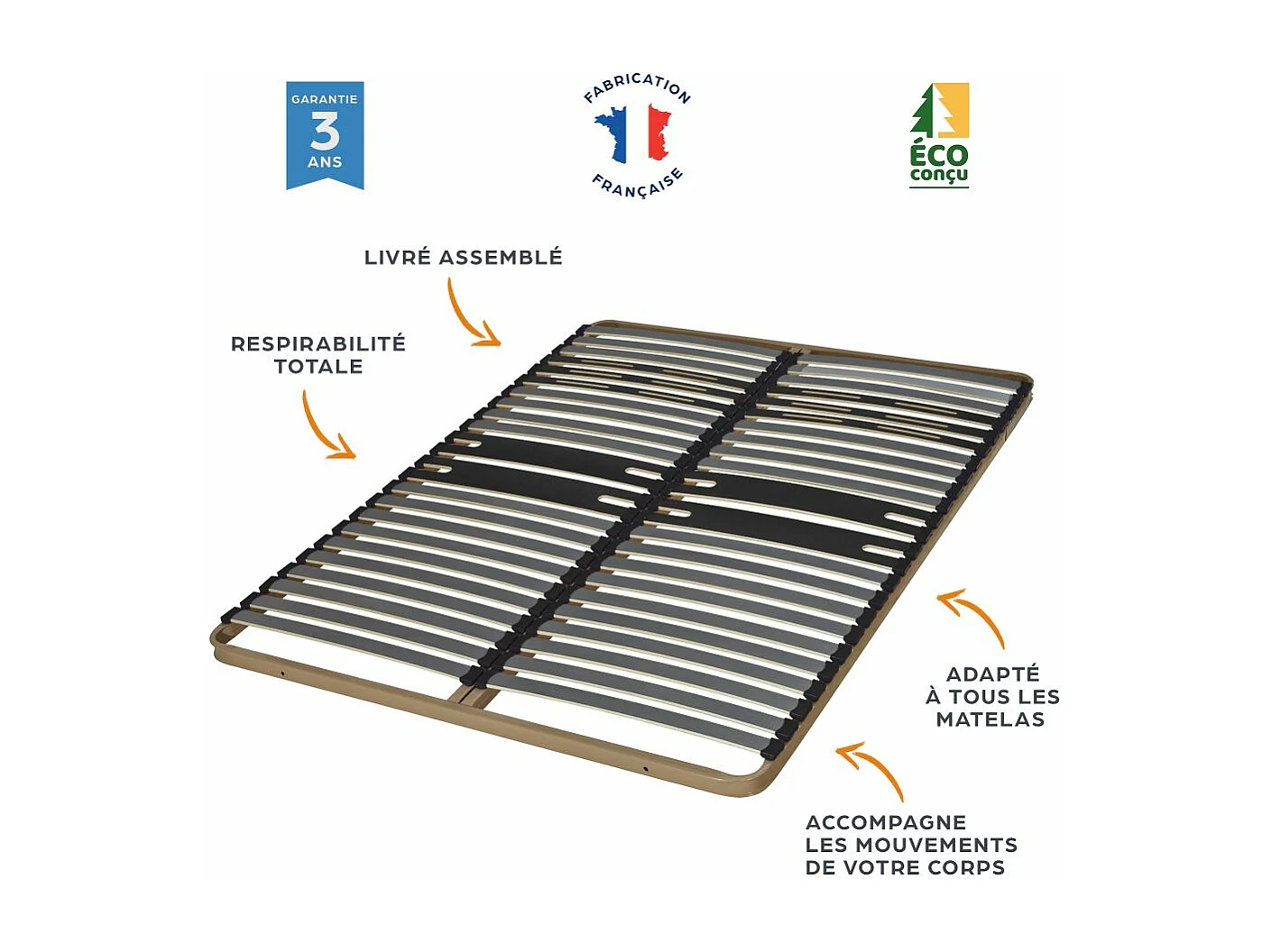 Sommier à lattes 90x190 C322 - 22 lattes bois - Fabrication française