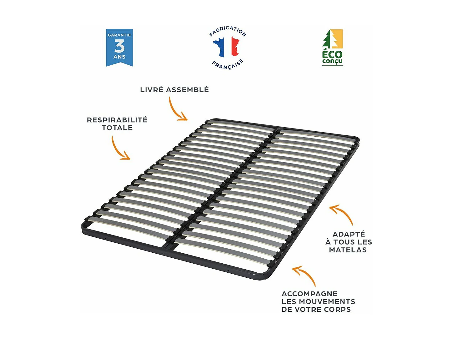 Sommier à lattes 2x70x190 C220 - 40 lattes bois - Fabrication française