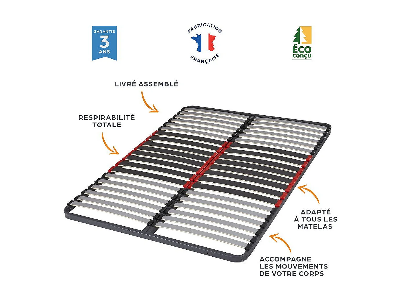 Sommier à lattes 90x190 C34 - 20 lattes bois - Fabrication française