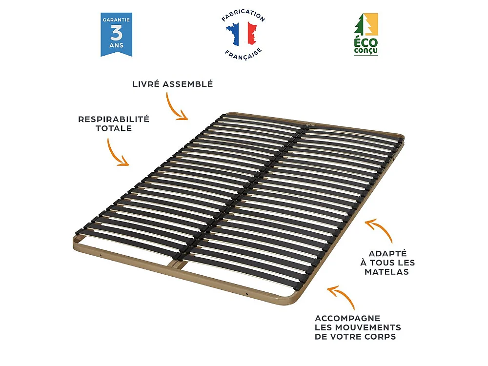 Sommier à lattes + pieds 70x190 Theta - 24 lattes bois - Fabrication française